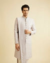 Smoke Grey Self Patterned Rhinestone Embellished Sherwani Set